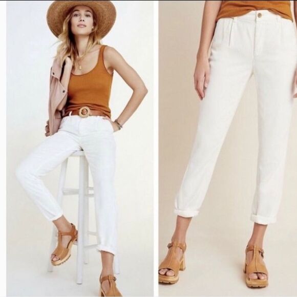 Anthropologie Scout Slim Pleated Pants Slouchy Lyocell In Cream 27 - Picture 2 of 15